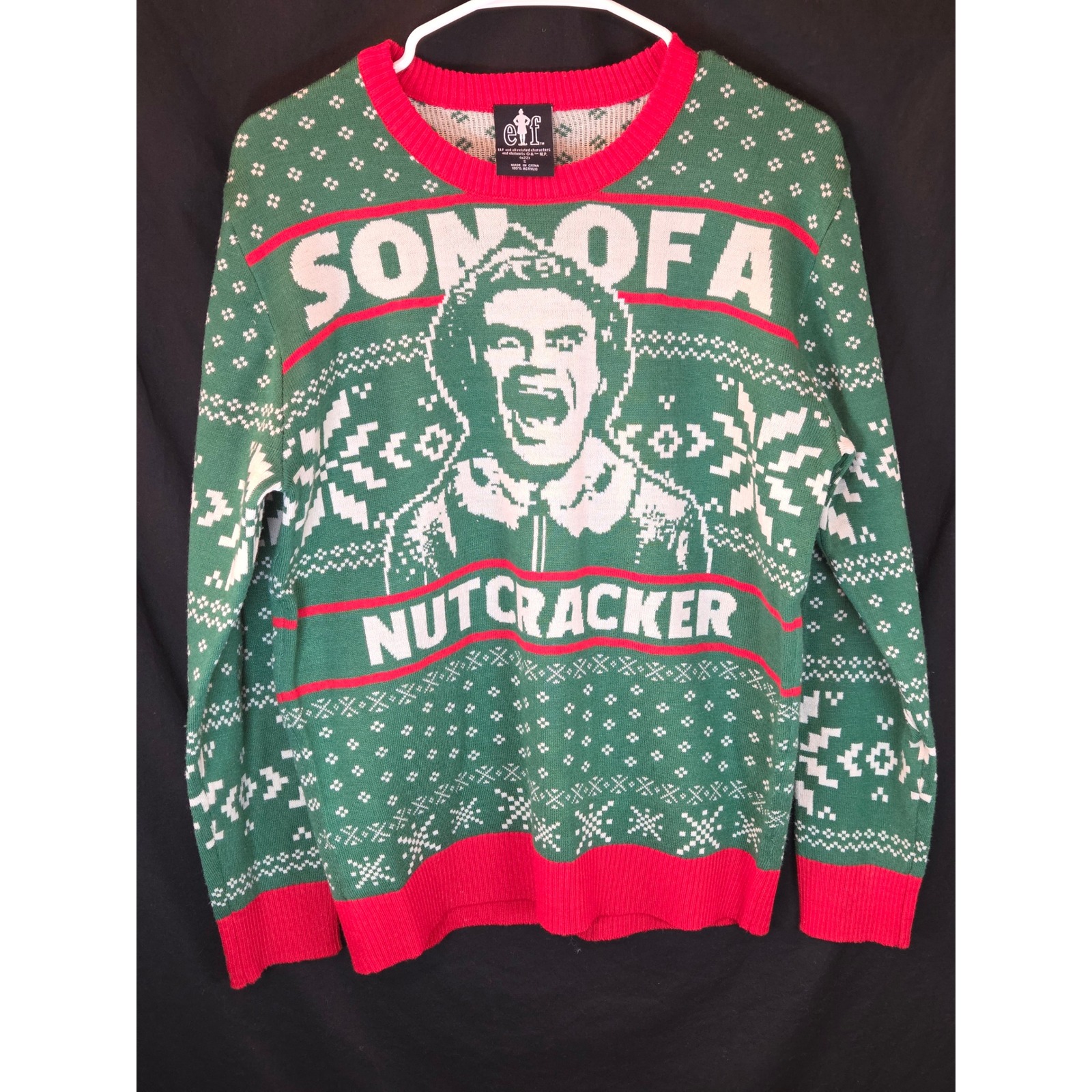 Elf Son Of A Nutcracker Movie Ugly Christmas Sweater Green Red Men's Size S New